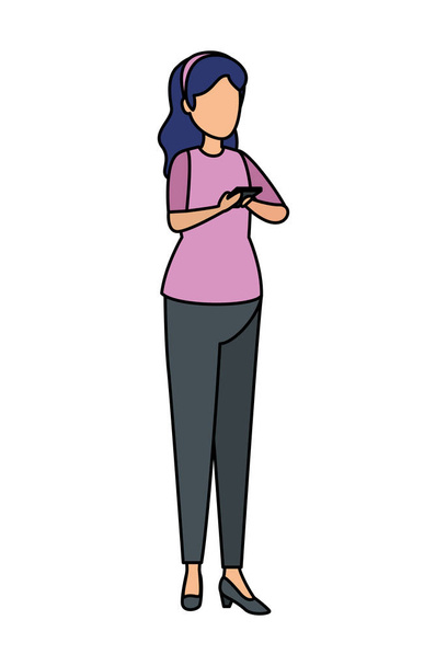akıllı telefon karakterini kullanan sevimli genç kadın - Vektör, Görsel