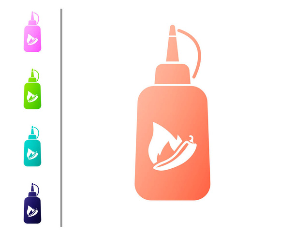 Korallen Ketchup Flasche Symbol isoliert auf weißem Hintergrund. Feuerflammensymbol. scharfe Chilischote Zeichen. Grill und Grill-Symbol. Farbsymbole setzen. Vektorillustration - Vektor, Bild