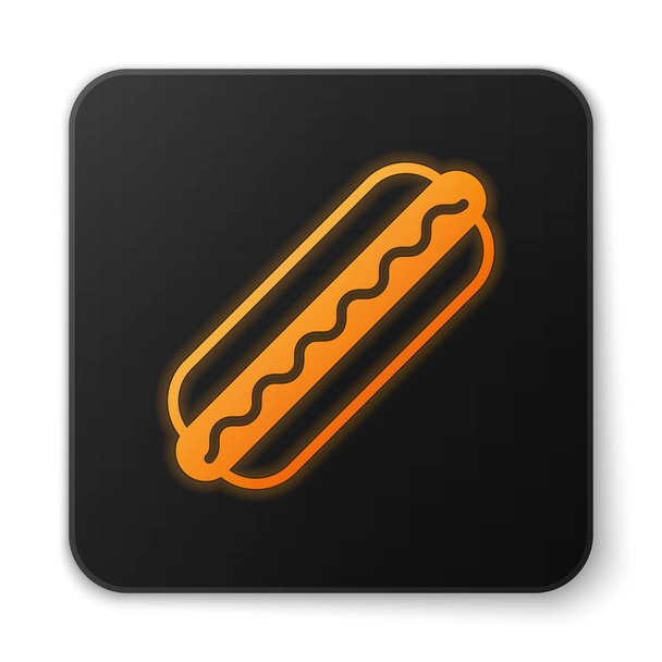 Orange glowing Hotdog sandwich with mustard icon isolated on white background. Sausage icon. Fast food sign. Black square button. Vector Illustration - Vector, afbeelding