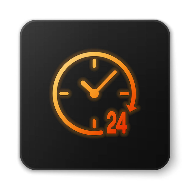 オレンジ色の光る時計24時間アイコンは、白い背景に分離されています。一日中周期的なアイコン。24時間サービスシンボル。黒い正方形のボタン。ベクトルイラストレーション - ベクター画像