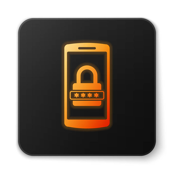 Помаранчевий світиться піктограма мобільного телефону та захисту паролів ізольовано на білому тлі. Безпека, безпека, особистий доступ, авторизація користувачів, приватність. Чорна квадратна кнопка. Векторна ілюстрація
 - Вектор, зображення