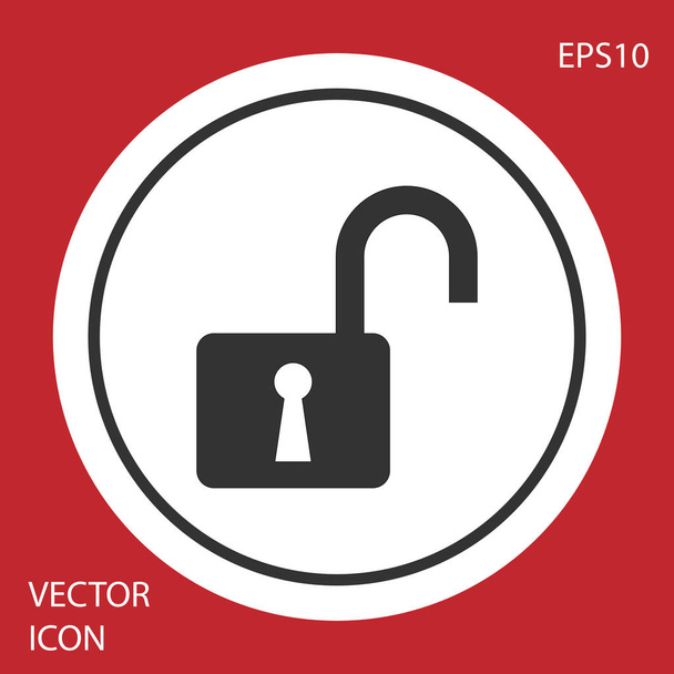 Grey Open padlock icon isolated on red background. Opened lock sign. Cyber security concept. Digital data protection. Safety safety. White circle button. Vector Illustration - Vector, Image