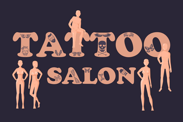 Vector vintage tattoo studio logo template on black background. Cool retro styled vector emblem. Tattoo studio sign with man and woman body manikins. - Vektor, Bild