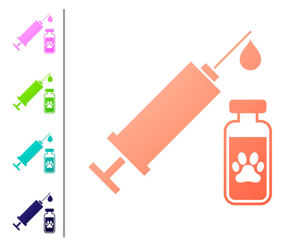 Σύριγγα κοραλλιών με εικονίδιο εμβολίου κατοικίδιων ζώων απομονωμένα σε λευκό φόντο. Αποτύπωμα σκύλου ή γάτας. Ορίστε εικονίδια χρωμάτων. Απεικόνιση διανυσματικών φορέων - Διάνυσμα, εικόνα
