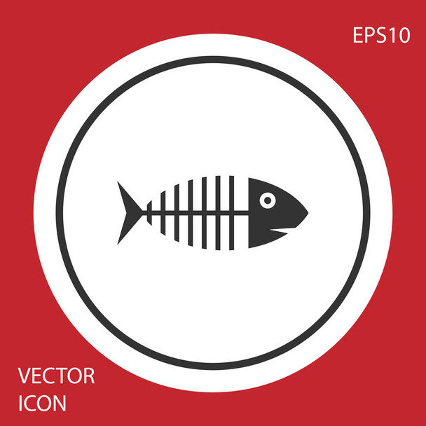Grey Fish skeleton icon isolated on red background. Fish bone sign. White circle button. Vector Illustration - Vector, Image
