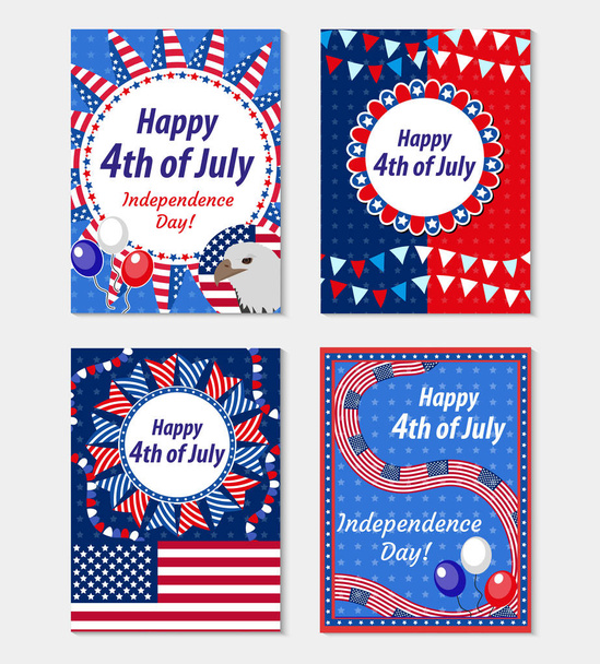 Счастливая открытка от 4 июля, набор плакатов. Американский День моды соблазняет коллекционеров своим дизайном. Векторная иллюстрация
 - Вектор,изображение