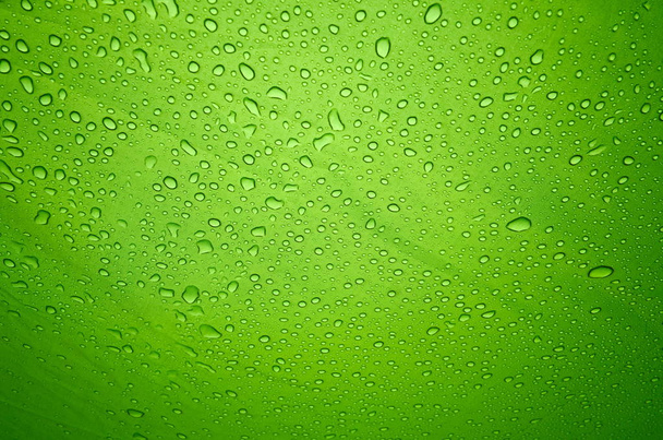固体抽象的な緑の背景に雨が降ります。雨滴の明るい光沢のあるパターン - 写真・画像