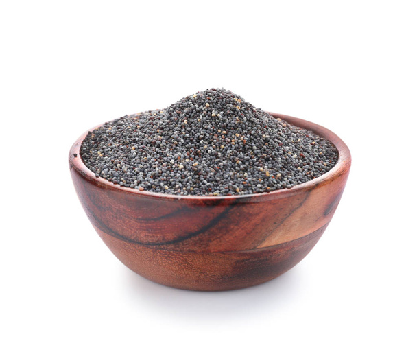 Bowl with poppy seeds on white background - Foto, afbeelding