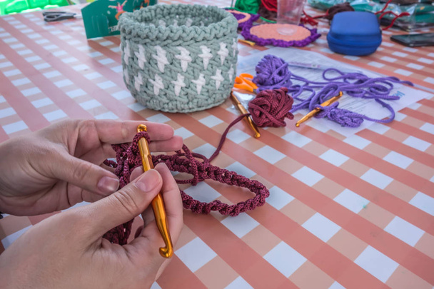  Crochet training. Female hands with crochet closeup - Photo, Image