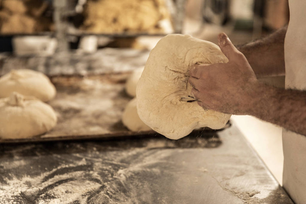 hands of the master baker in bread production - Fotoğraf, Görsel
