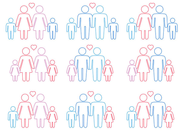 gay lésbicas casais e família com crianças ícones definido
 - Vetor, Imagem
