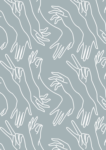 Womans hand line blue and white Background. Vector Print of female hands of different gestures - Vetor, Imagem