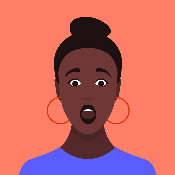Visage étonné. Portrait d'une Africaine. Étonnant. Choc. Avatar d'une jeune femme. Illustration plate vectorielle
 - Vecteur, image