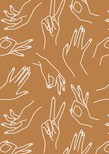 Mujeres línea de mano marrón y blanco Fondo. Vector Impresión de manos femeninas de diferentes gestos
 - Vector, imagen