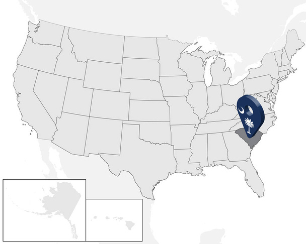 Lageplan South Carolina auf Karte USA. Vereinigte Staaten von Amerika. 3d Geolocation Zeichen wie Flagge des Staates South Carolina. hochwertige Karte von South Carolina. Vektorabbildung eps10. - Vektor, Bild