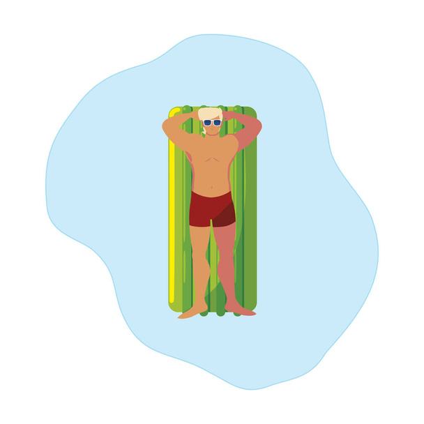 молодой человек в купальнике и плавающий матрас в воде
 - Вектор,изображение