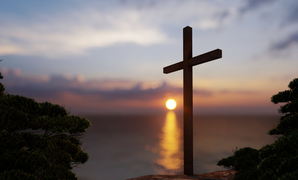 Concept ή εννοιολογικό θρησκευτικό χριστιανικό σταυρό στέκεται πάνω σε βράχο στη θάλασσα ή τον ωκεανό πάνω από το όμορφο ηλιοβασίλεμα του ουρανού. Ένα φόντο για την πίστη, θρησκεία πίστη, ο Ιησούς Χριστός, πνευματική εκκλησία 3D εικόνα - Φωτογραφία, εικόνα