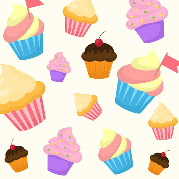 Vector cartoon stijl naadloze patroon met zoete cupcake. Yummy dessert muffins versierd met kersen, roze ijsvorming en kleine rode vlaggen op beige achtergrond. - Vector, afbeelding