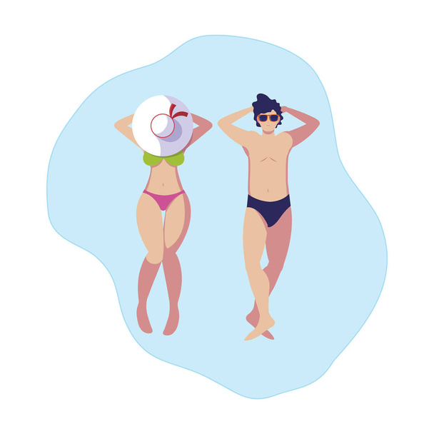 mladý pár s plavce plovoucí ve vodě - Vektor, obrázek