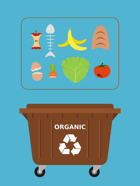Trash Dumpster voor recycleerbaar organisch afval. Bruine container, voedsel blijft. Recycling van organisch afval, compost, segregate waste, Afvalsortering, milieuvriendelijk, concept. Blauwe achtergrond. Vector illustratie, platte stijl, clip art. - Vector, afbeelding