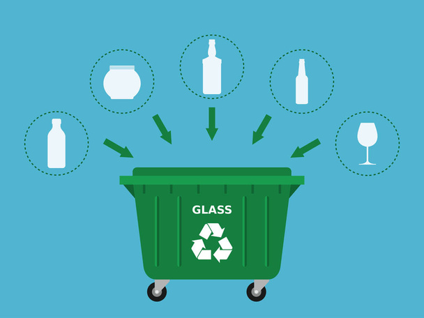 Basurero de basura verde y residuos de vidrio adecuados para el reciclaje. El vidrio recicla, segrega residuos, clasifica basura, ecológico, concepto.Fondo azul. Ilustración vectorial, estilo plano
. - Vector, Imagen