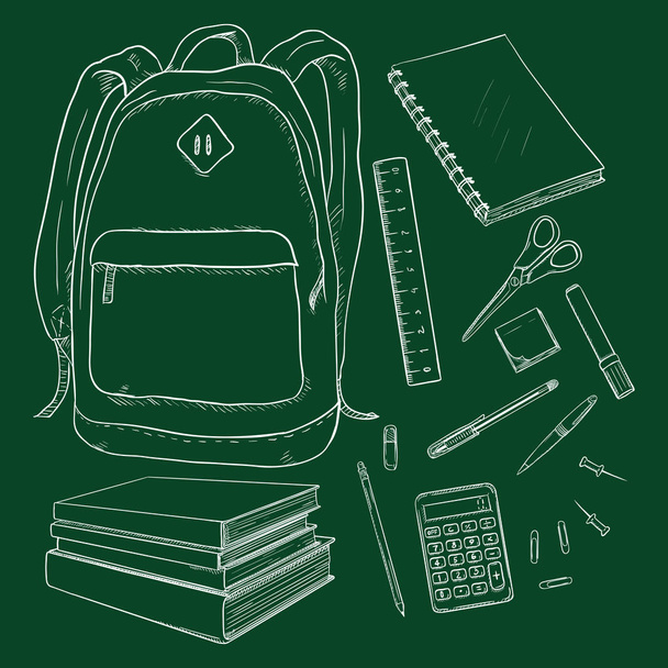 Conjunto de vectores de tiza Sketch mochila y suministros escolares
 - Vector, imagen