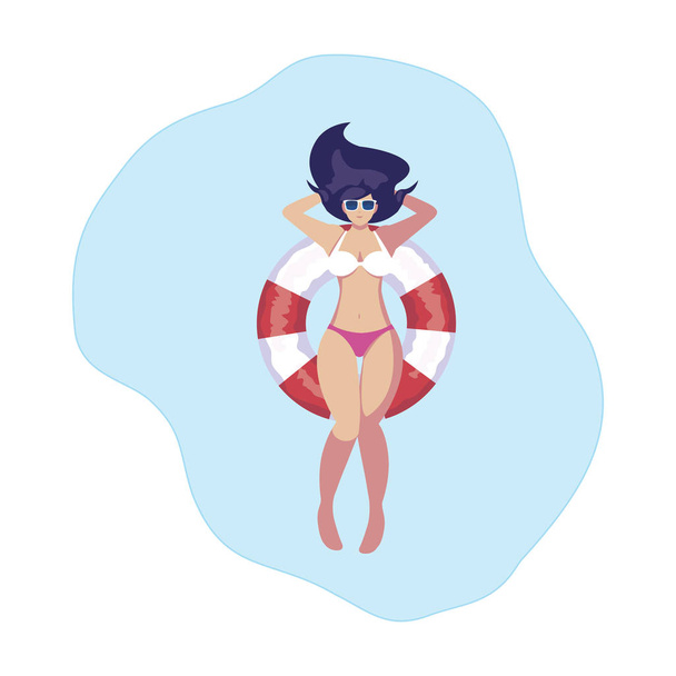 woman with swimsuit and lifeguard float floating in water - Vector, Image
