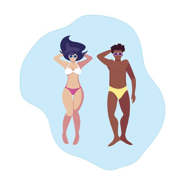 水に浮かぶ水着を持つ異人種間のカップル - ベクター画像