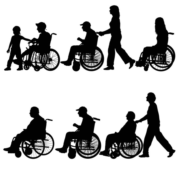 Silhouette disabili su una sedia a rotelle su sfondo bianco
 - Vettoriali, immagini