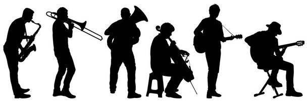 Sylwetki ulicznych muzyków grających na instrumentach na białym tle - Wektor, obraz