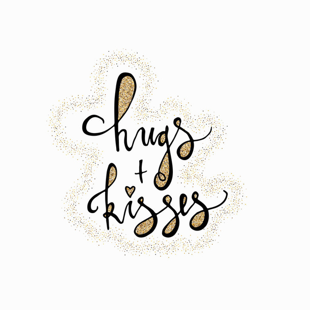 Hugs and kisses hand lettering romantic card with gold glitter hearts. Hand drawn lettering. Used for greeting card, banner, poster, congratulate. printing. Vector typography poster, romantic quote. - Διάνυσμα, εικόνα