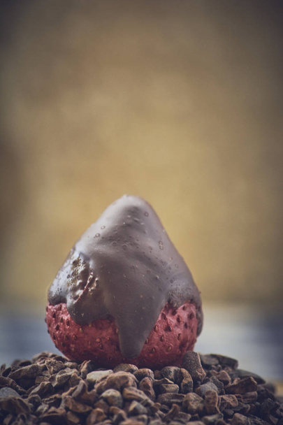 Fraise biologique recouverte de chocolat sur une pointe de cacao
 - Photo, image