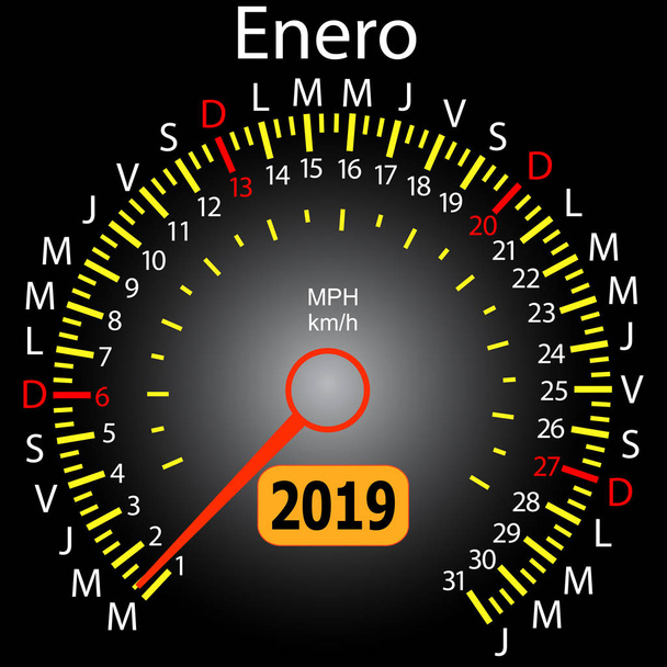 2019 año calendario velocímetro coche en español enero
 - Vector, Imagen