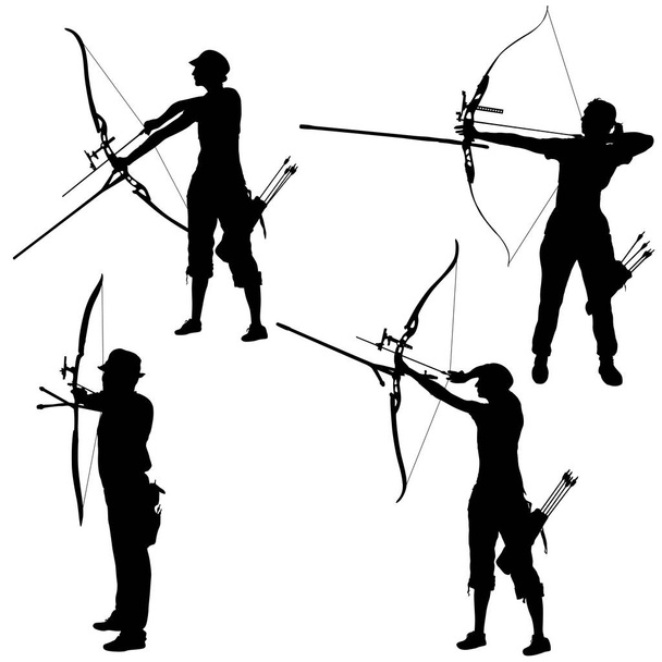 Definir silhueta atraente fêmea e masculina arqueiro dobrando um arco e apontando no alvo
 - Vetor, Imagem