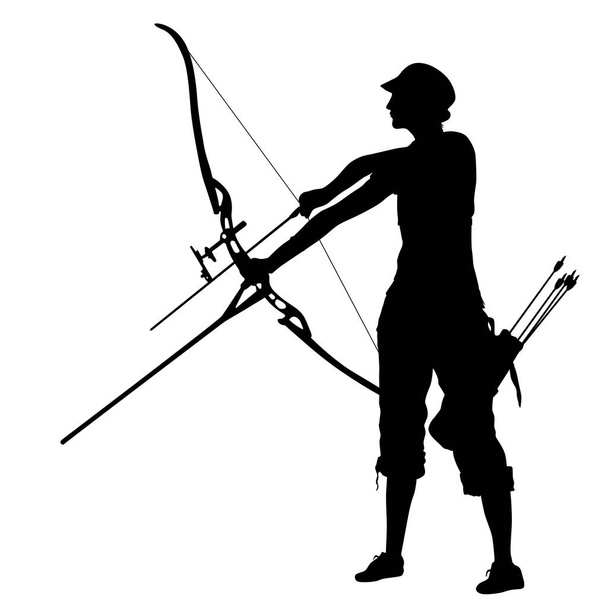 Silhouet aantrekkelijke vrouwelijke archer buiging van een boog en gericht in het doeldomein - Vector, afbeelding