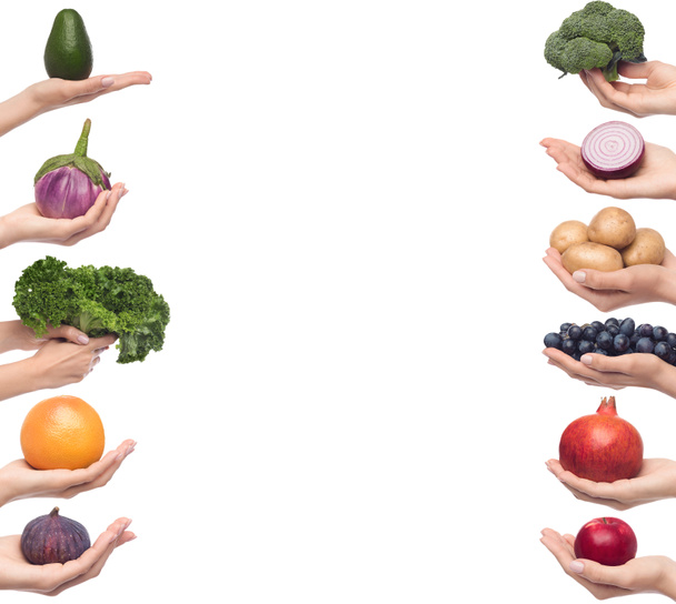 Pystysuora kollaasi hedelmiä ja vihanneksia käsissä
 - Valokuva, kuva