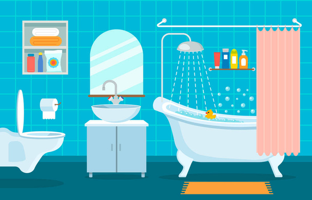 interni moderni di bagno e servizi igienici. WC appeso, lavabo e bagno con doccia simboli di pulizia. illustrazione vettoriale
 - Vettoriali, immagini