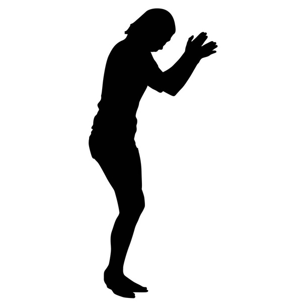 Silhouet van mensen met een verhoogde hand dansen op witte achtergrond - Vector, afbeelding