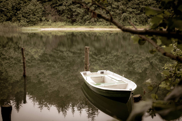 a chained rowing boat floats on a lake  - Photo, Image