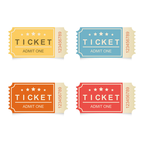 Realistic retro vintage admit one tickets set with shadows on white BG, vector illustration - Vector, Image