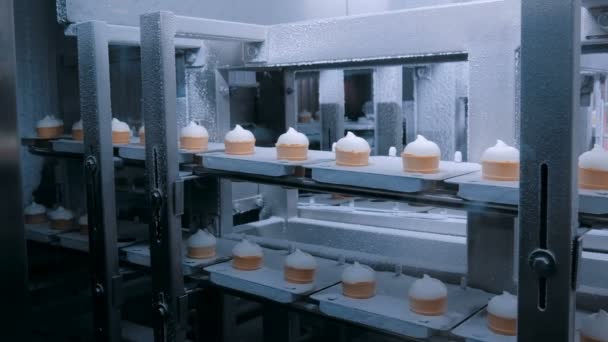 Automatizált technológia koncepció - szállítószalag fagylaltkúpokkal az élelmiszergyárban - Felvétel, videó
