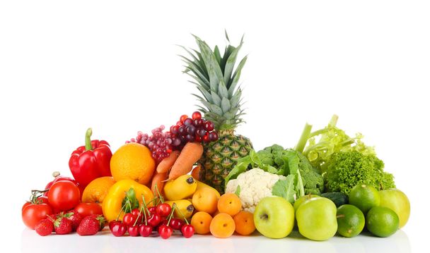 Surtido de frutas y verduras frescas, aisladas en blanco
 - Foto, Imagen