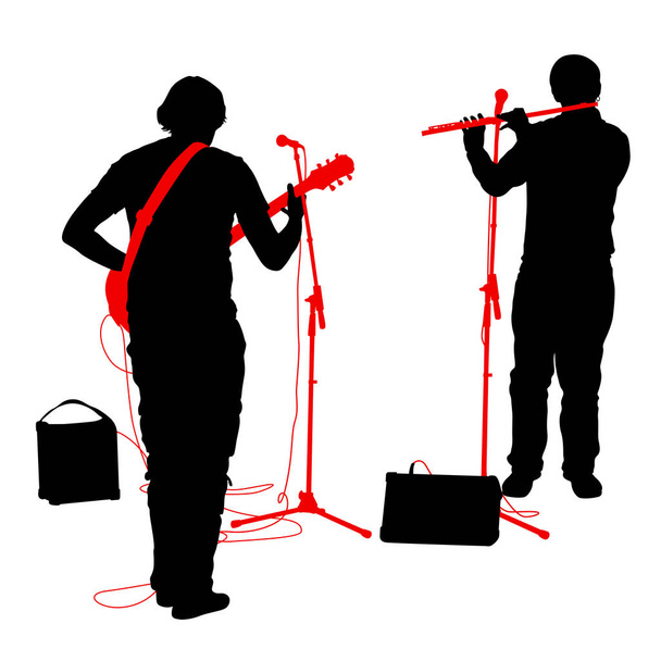 Silhouettes musicians plays the guitar and flute. Vector illustration - Vector, Image