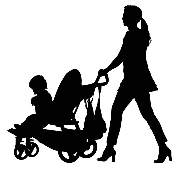 Silhouettes promenades mères avec poussettes bébé sur fond blanc
 - Vecteur, image