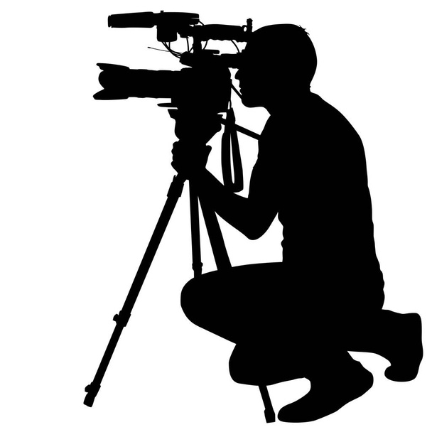 Camarógrafo con cámara de video. Siluetas sobre fondo blanco - Vector, Imagen