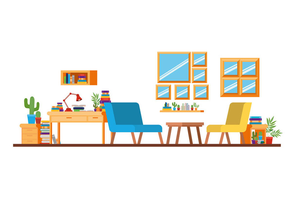 Wohnzimmer mit Schreibtisch und Büchern - Vektor, Bild