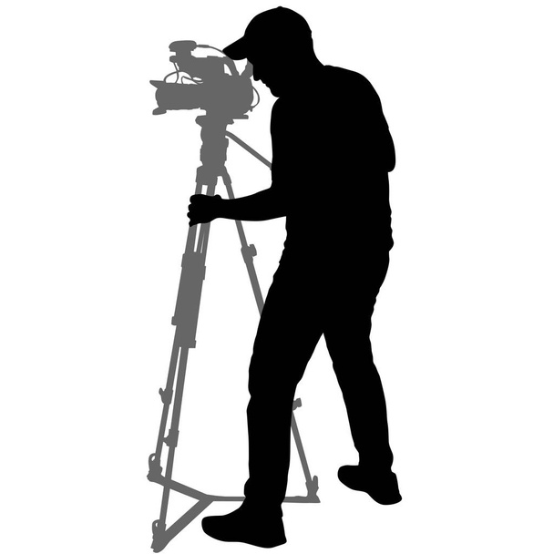 Cameraman with video camera. Silhouettes on white background - Vector, imagen