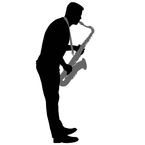 Silhouette eines Musikers, der Saxofon auf weißem Hintergrund spielt - Vektor, Bild