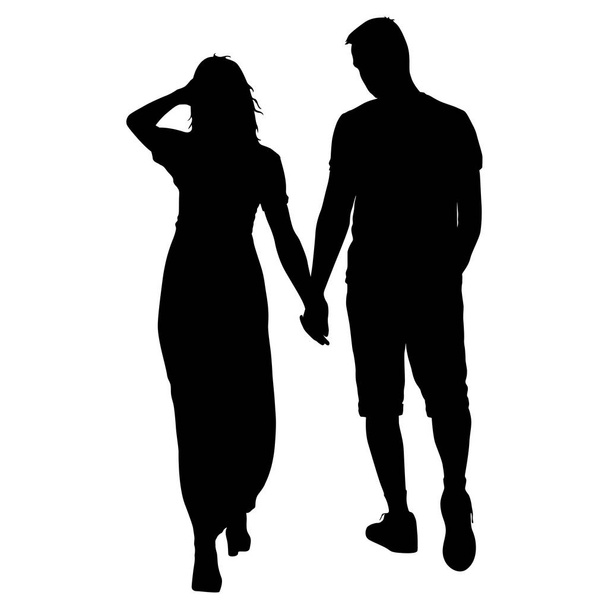 Silhouette man and woman walking hand in hand - Vector, Image