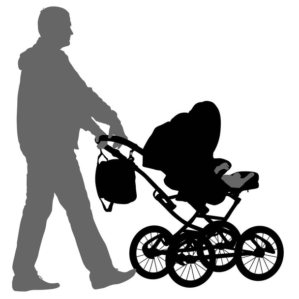 Silhouette nere padre con carrozzina su sfondo bianco. Illustrazione vettoriale
 - Vettoriali, immagini